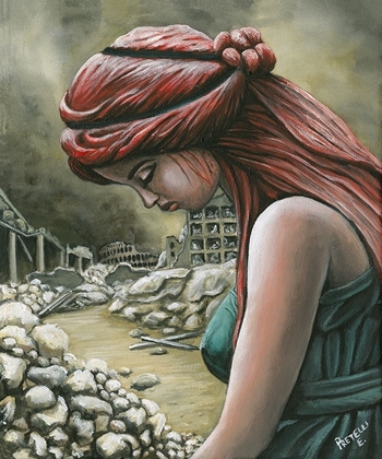 Picture of SAD RED HAIR GIRL CRYING ON ROME RUINS