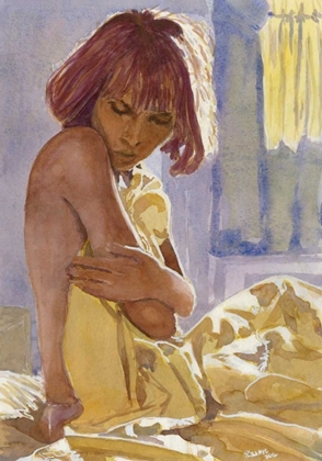 Picture of SITTING NUDE GIRL WITH READ HAIR AND YELLOW SHEET
