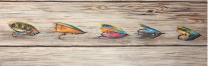 Picture of FISHING FLIES WITH WOOD BACKGROUND