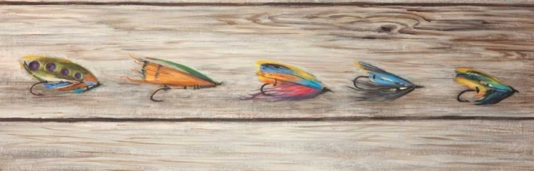 Picture of FISHING FLIES WITH WOOD BACKGROUND