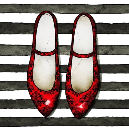 Picture of RED GLOSSY SHOES ON STRIPED BACKGROUND