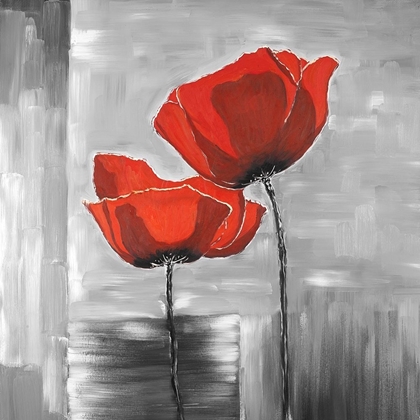 Picture of TWO RED FLOWERS ON A GRAYSCALE BACKGROUND