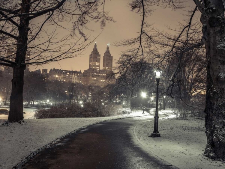 Picture of PATH IN CENTAL PARK AT NIGHT, WINTER, SNOW, NEW YORK.