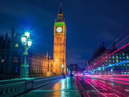 Picture of BIG BEN AND WESTMINSTER BRIDGE WITH STRIP LIGHTS AT NIGHT, LONDON