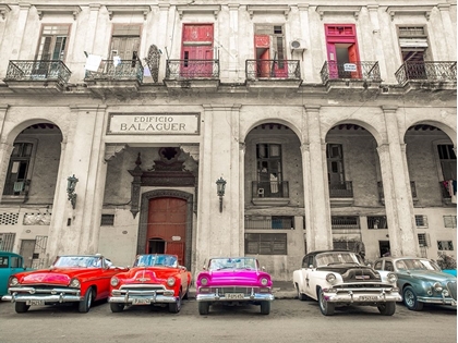 Picture of TRADITIONAL CUBAN CARS PARKED IN ROW BY THE ROAD IN HAVAVA, CUBA,