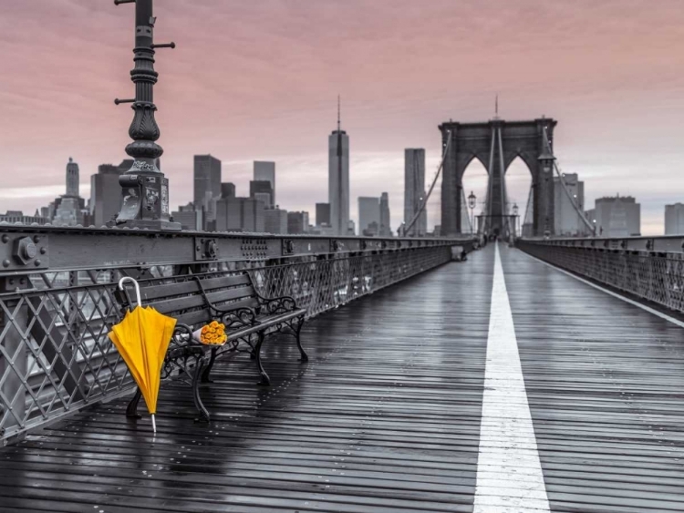 Picture of YELLOW UMBRELLA AND BUNCH OF ROSES ON BENCH ON PEDESTRIAN PATHWAY, BROOKLYN BRIDGE, NEW YORK