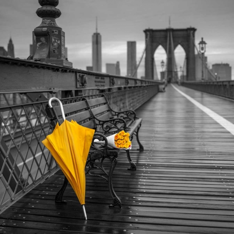 Picture of YELLOW UMBRELLA AND BUNCH OF ROSES ON BENCH ON PEDESTRIAN PATHWAY, BROOKLYN BRIDGE, NEW YORK