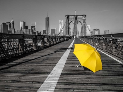 Picture of YELLOW UMBRELLA ON PEDESTRIAN WALKWAY ON BROOKLYN BRIDGE, NEW YORK