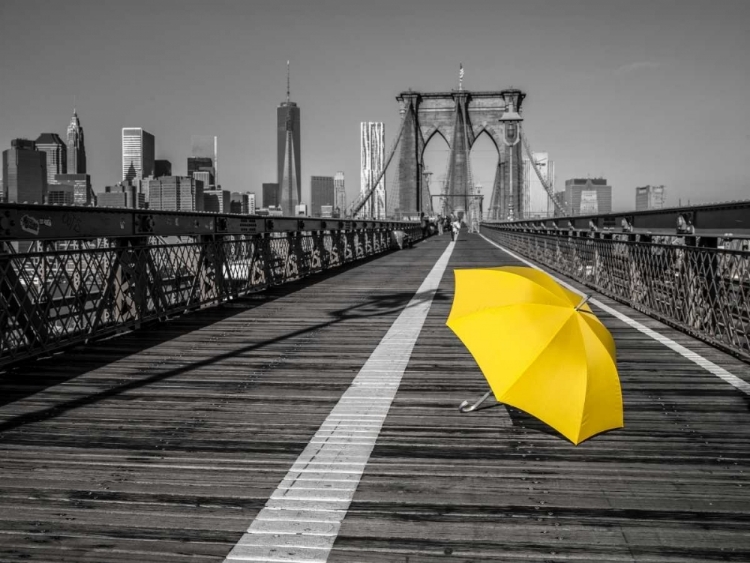 Picture of YELLOW UMBRELLA ON PEDESTRIAN WALKWAY ON BROOKLYN BRIDGE, NEW YORK