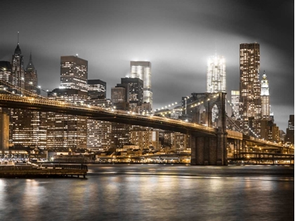Picture of EVENING SHOT OF BROOKLYN BRIDGE WITH LOWER MANHATTAN SKYLINE, NEW YORK