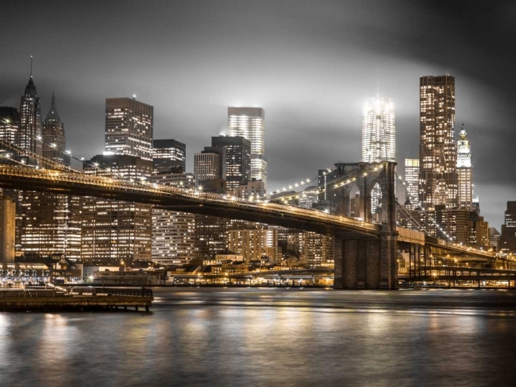 Picture of EVENING SHOT OF BROOKLYN BRIDGE WITH LOWER MANHATTAN SKYLINE, NEW YORK