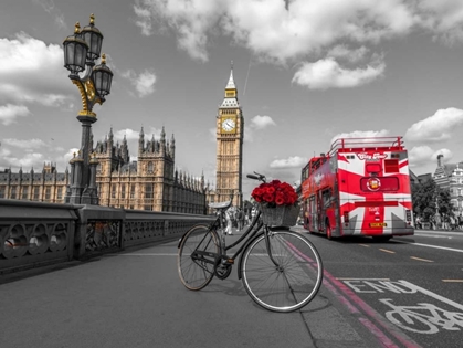 Picture of BICYCLE WITH BUNCH OF FLOWERS ON WESTMINSTER BRIDGE, LONDON, UK