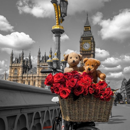 Picture of BICYCLE WITH BUNCH OF FLOWERS ON WESTMINSTER BRIDGE, LONDON, UK
