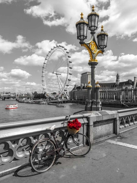 Picture of BICYCLE WITH BUNCH OF FLOWERS ON WESTMINSTER BRIDGE, LONDON, UK