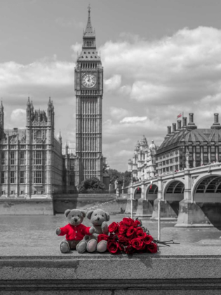 Picture of TEDDY BEAR AND BUNCH OF ROSES ON THAMES PROMENADE AGAISNT WESTMINSTER ABBY, LONDON, UK