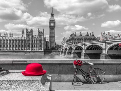 Picture of RED HAT AND BICYCLE ON THAMES PROMENADE, LONDON, UK
