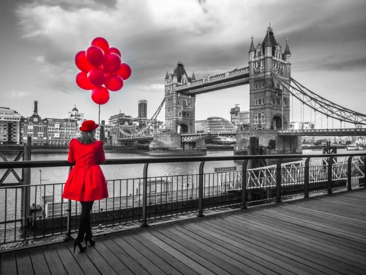 Picture of WOMAN WITH RED BALLOONS, STANDING ON PROMENADE NEAR TOWER BRIDGE, LONDON, UK