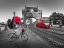 Picture of COLORFUL BALLOONS AND BUNCH OF ROSES ON A BICYCLE AT TOWER BRIDGE, LONDON, UK