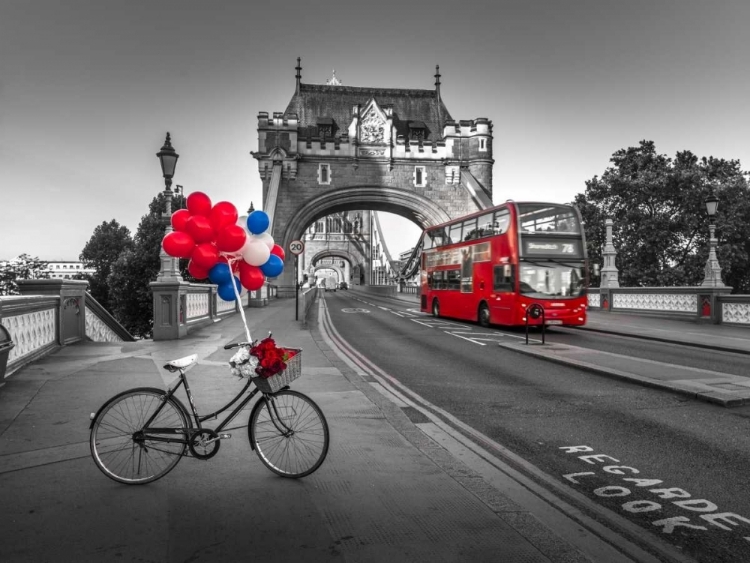 Picture of COLORFUL BALLOONS AND BUNCH OF ROSES ON A BICYCLE AT TOWER BRIDGE, LONDON, UK