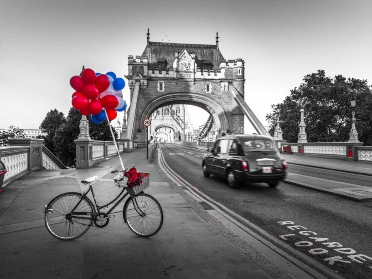 Picture of COLORFUL BALLOONS AND BUNCH OF ROSES ON A BICYCLE AT TOWER BRIDGE, LONDON, UK