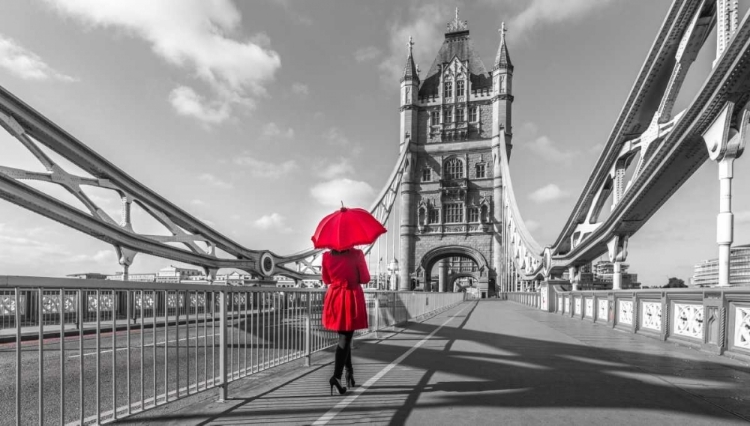 Picture of TOURIST WITH RED UMBRELLA ON TOWER BRIDGE, LONDON, UK
