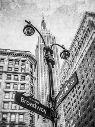 Picture of STREET LAMP AND STREET SIGNS WITH EMPIRE STATE BUILDING IN BACKGROUND - NEW YORK