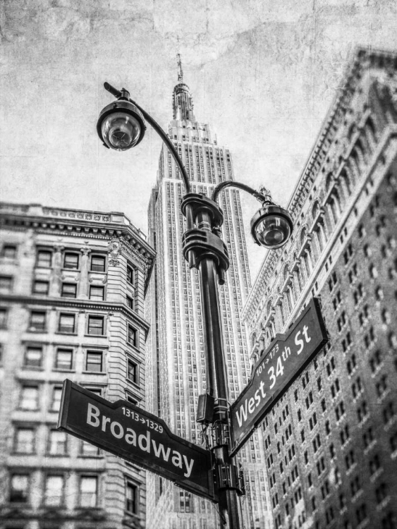 Picture of STREET LAMP AND STREET SIGNS WITH EMPIRE STATE BUILDING IN BACKGROUND - NEW YORK