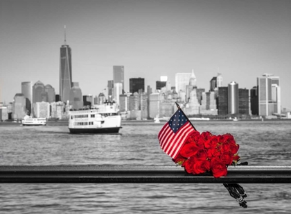 Picture of USA FLAG WITH BUNCH OF ROSES ON RAILING WITH LOWER MANHATTAN SKYLINE IN BACKGROUND, NEW YORK