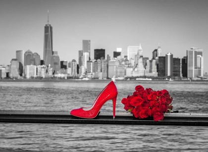 Picture of HIGH HEEL SHOE WITH BUNCH OF ROSES AGAINST LOWER MANHATTAN SKYLINE, NEW YORK