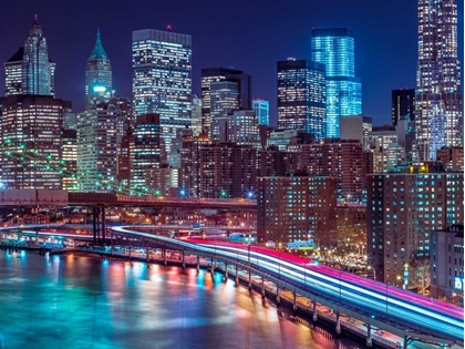 Picture of STRIP LIGHTS ON STREETS OF MANHATTAN BY EAST RIVER, NEW YORK