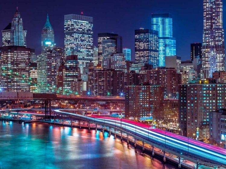 Picture of STRIP LIGHTS ON STREETS OF MANHATTAN BY EAST RIVER, NEW YORK