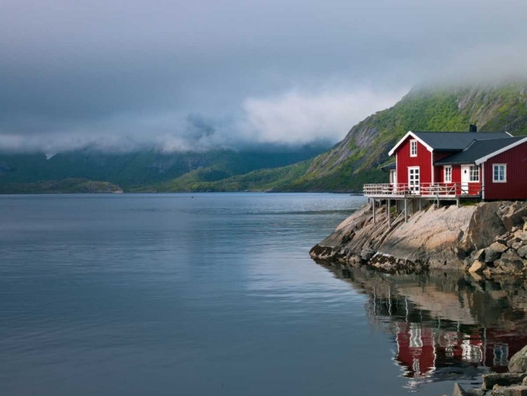 Picture of FISHING HUTS ON THE WATERFRONT, LOFOTEN, NORWAY