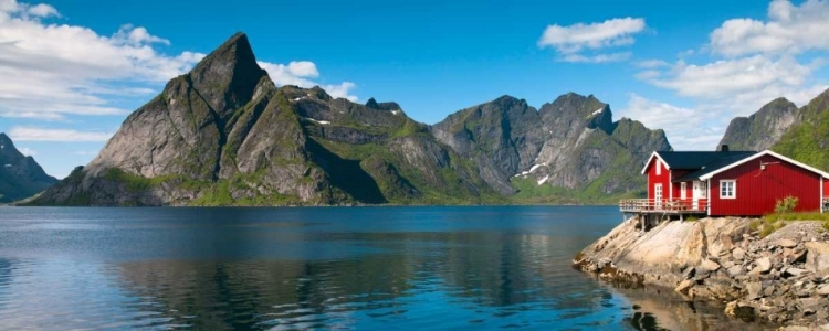 Picture of FISHING HUTS ON THE WATERFRONT, LOFOTEN, NORWAY