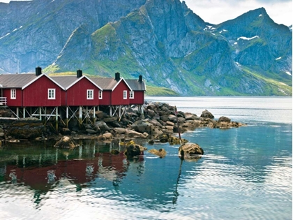 Picture of FISHING HUTS ON THE WATERFRONT, LOFOTEN, NORWAY