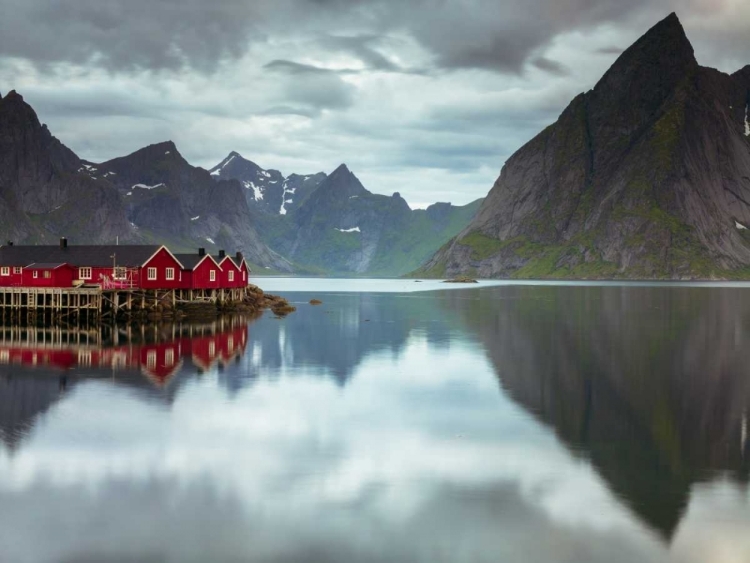 Picture of FISHING HUTS ON THE WATERFRONT, LOFOTEN, NORWAY