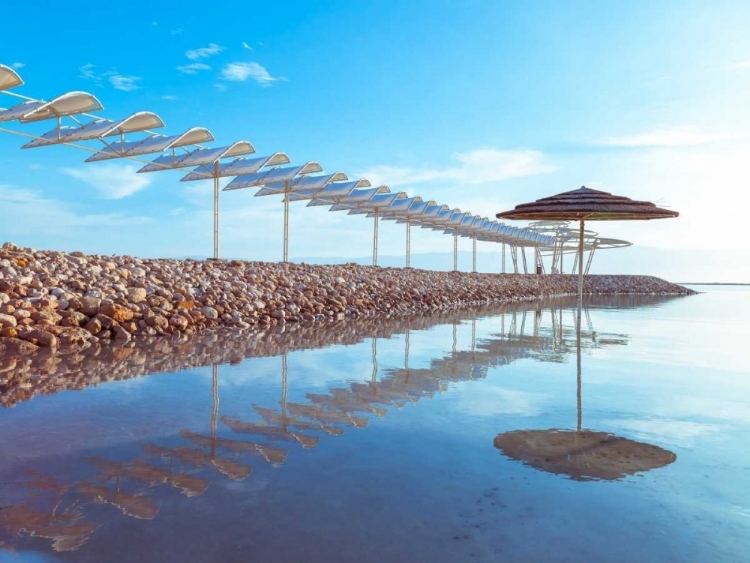 Picture of PARASOL AND JETTY ON DEAD SEA, ISRAEL