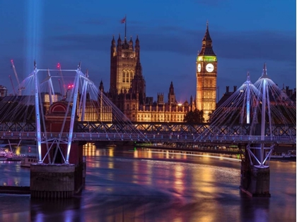 Picture of EVENING VIEW OF GOLDEN JUBILEE OVER RIVER THAMES WITH WESTMINSTER ABBY