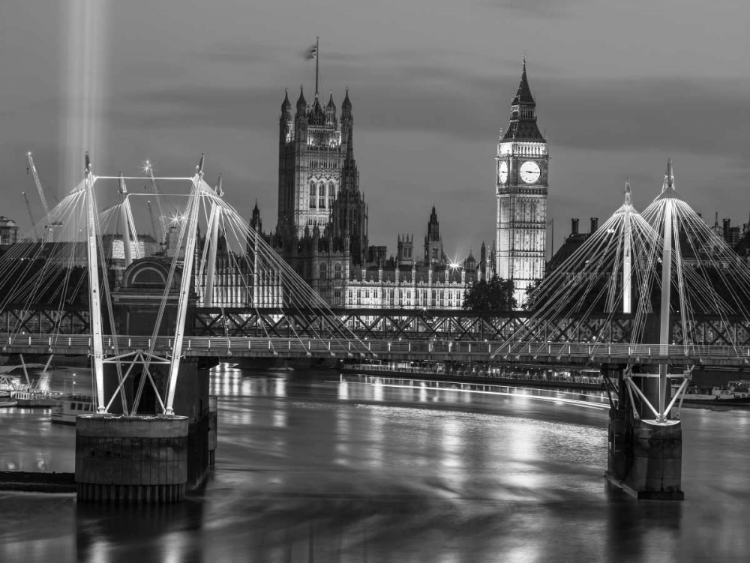 Picture of EVENING VIEW OF GOLDEN JUBILEE OVER RIVER THAMES WITH WESTMINSTER ABBY