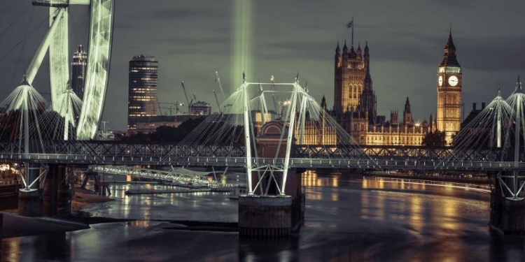 Picture of NIGHT VIEW OF THE LONDON EYE, GOLDEN JUBILEE BRIDGE AND WESTMINSTER, LONDON, UK