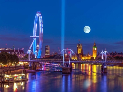 Picture of NIGHT VIEW OF THE LONDON EYE, GOLDEN JUBILEE BRIDGE AND WESTMINSTER, LONDON, UK