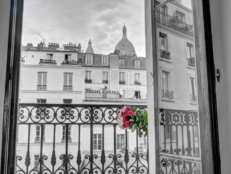 Picture of BUNCH OF FLOWERS ON BALCONY RAILING IN AN APARTMENT OF MONTMARTRE, PARIS, FRANCE