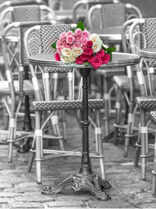Picture of BUNCH OF ROSES ON STREET CAFE TABLE IN PARIS, FRANCE