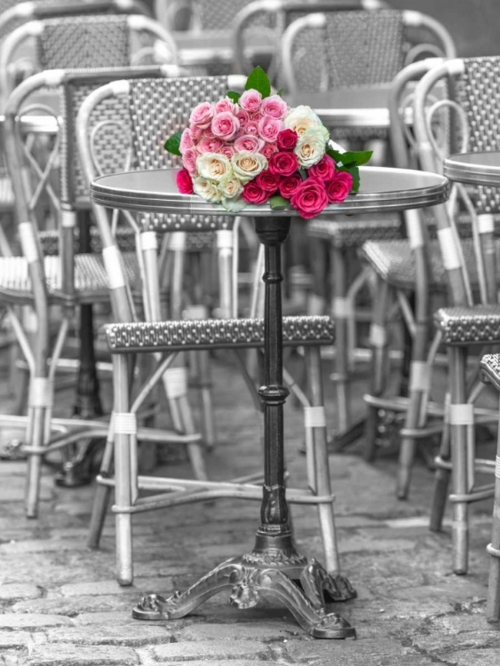Picture of BUNCH OF ROSES ON STREET CAFE TABLE IN PARIS, FRANCE
