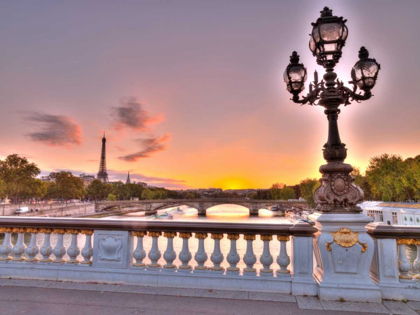 Picture of STREET LIGHT ON A BRIDGE WITH EIFFEL TOWER IN BAKCGROUND, PARIS, FRANCE