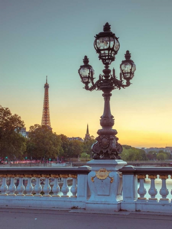 Picture of STREET LIGHT ON A BRIDGE WITH EIFFEL TOWER IN BAKCGROUND, PARIS, FRANCE