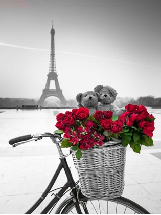 Picture of TEDDY BEARS AND BUNCH OF RED ROSES ON BICYCLE WITH EIFFEL TOWER IN THE BACKGROUND