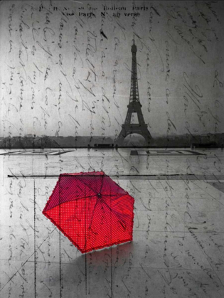 Picture of RED UMBRELLA IN FRONT OF THE EIFFEL TOWER WITH HANDWRITTING OVERLAY