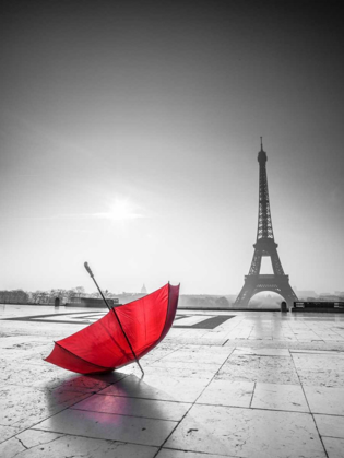 Picture of UMBRELLA IN FRONT OF THE EIFFEL TOWER, PARIS, FRANCE