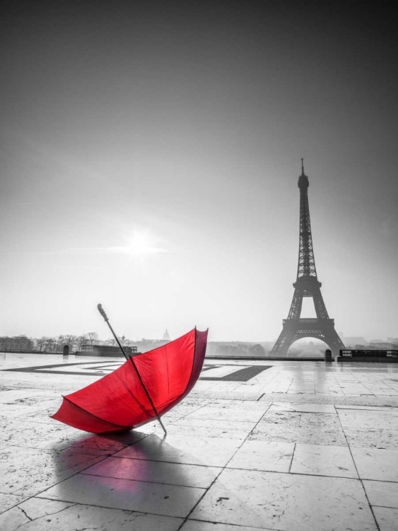 Picture of UMBRELLA IN FRONT OF THE EIFFEL TOWER, PARIS, FRANCE