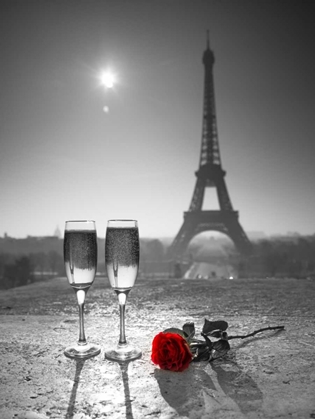 Picture of CHAMPAGNE GLASSES WITH RED ROSE NEXT TO THE EIFFEL TOWER